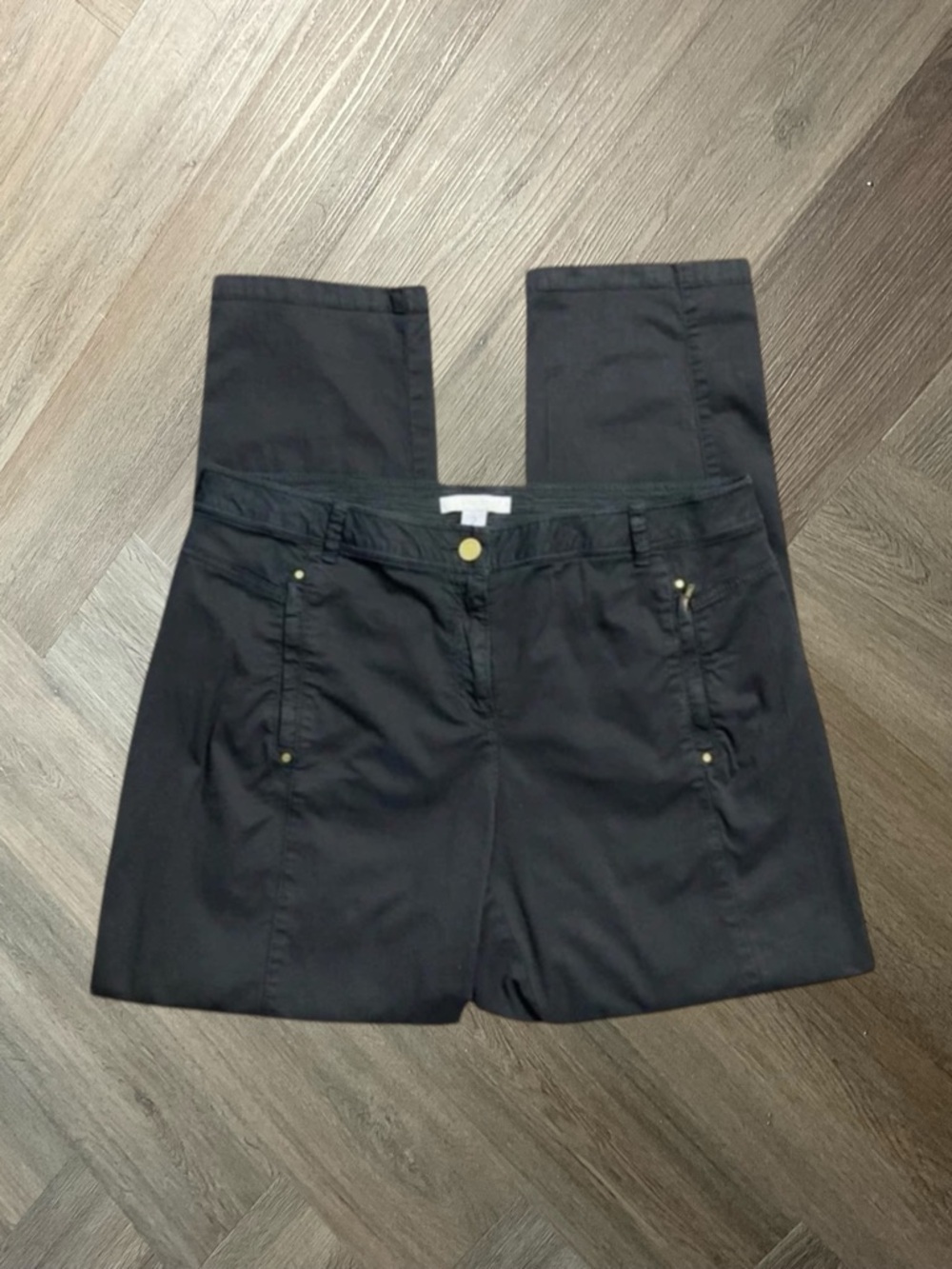 Chico's Chino Straight Leg Pants Womens 2 Large Black Gold Button Preppy Classy